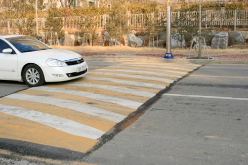 Almost all speed bumps in Korea are painted with this pattern.