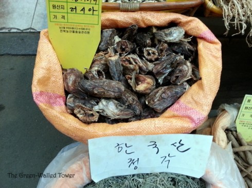 Dried fish heads. I'm not sure how you eat them, or if they're just fertilizer, but you can buy them by the bagful. The sign says they come from Russia.